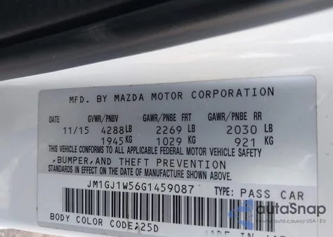 2016 Mazda Mazda6 I Grand Touring из США, поврежденный, VIN JM1GJ1W56G1459087